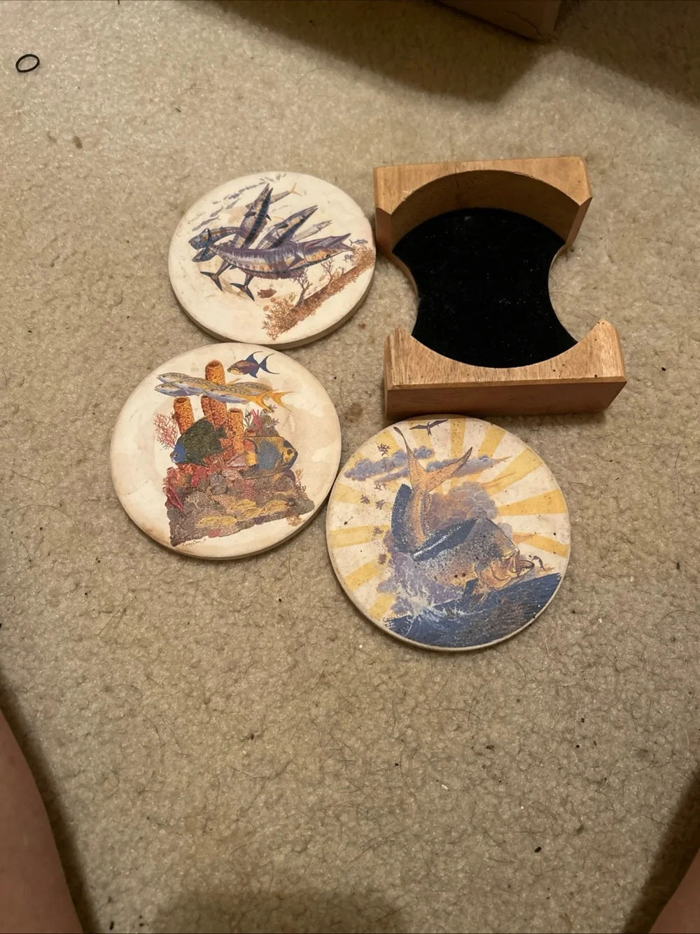 3 pc set Fish Illustration Stone Coaster Set with Wooden Holder - Neutral Tones